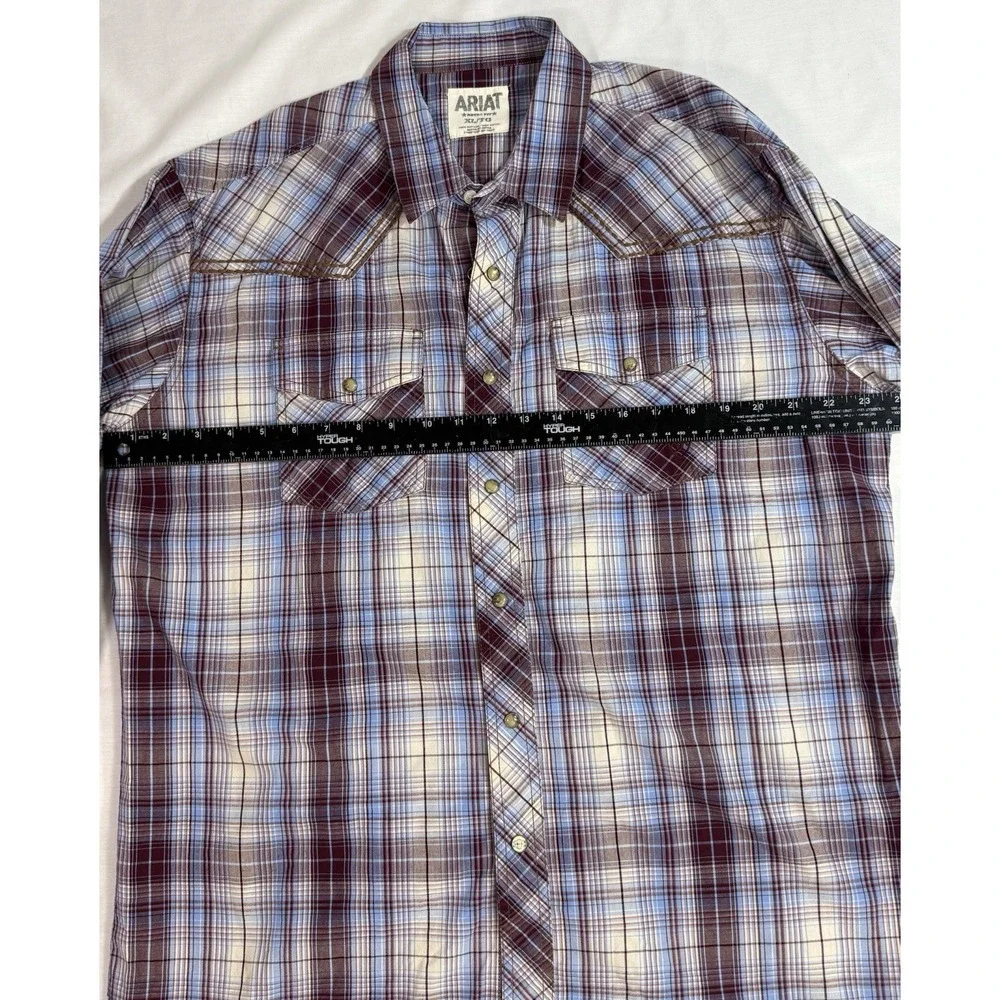Ariat Retro Fit Pearl Snap Button Mens XL Purple Black Plaid Short Sleeve‎